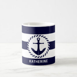 Moderne Nautic Navy Blau Streifen und Anker Kaffeetasse