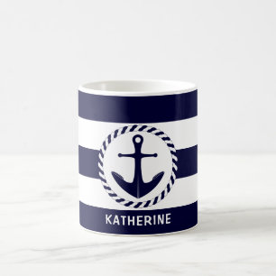 Moderne Nautic Navy Blau Streifen und Anker Kaffeetasse