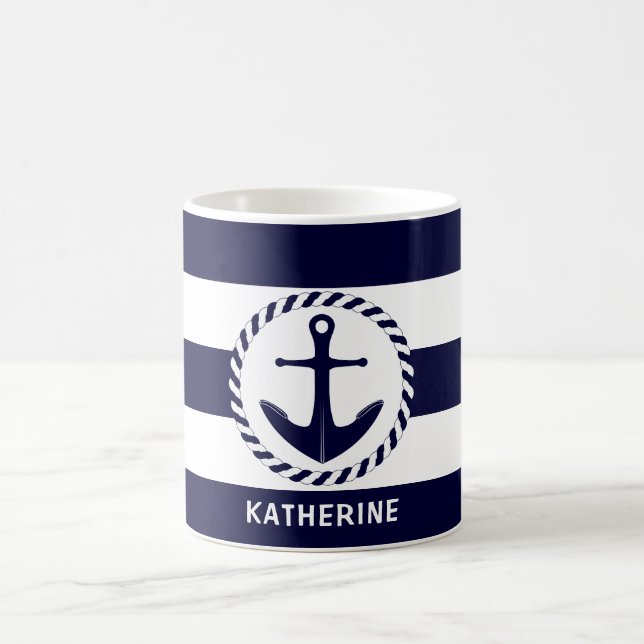 Moderne Nautic Navy Blau Streifen und Anker Kaffeetasse (Mittel)