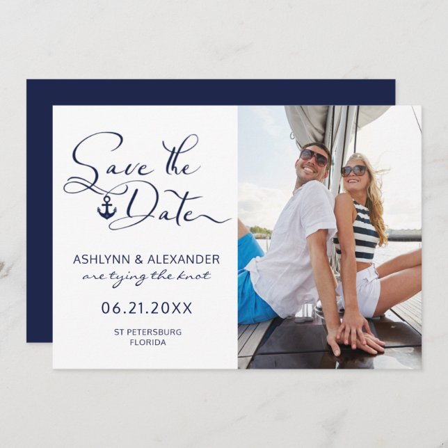 Moderne Nautical Anchor Foto Script Typografie Save The Date (Vorne/Hinten)