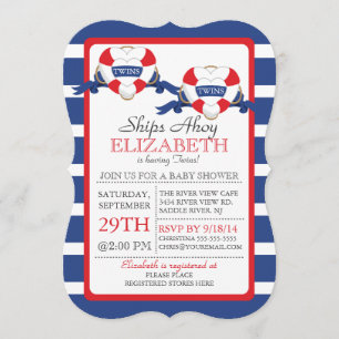 Moderne Nautical Heart Buoy Twins Baby Dusche Einladung