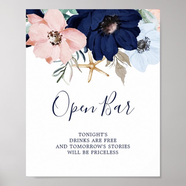 Moderne Nautik | Floral Open Bar Sign Poster (Vorne)