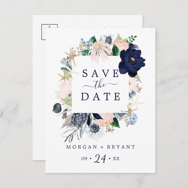 Moderne Nautik | Floral Save the Date Postkarte (Vorne/Hinten)
