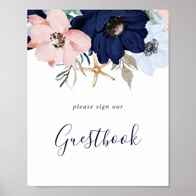 Moderne Nautik | Floral Wedding Gästebuchunterschr Poster (Vorne)