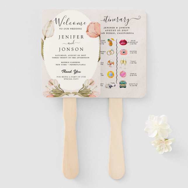 Moderne Nautik | Floral Wedding Program Hand Fan Fächer (Vorne und Hinten)