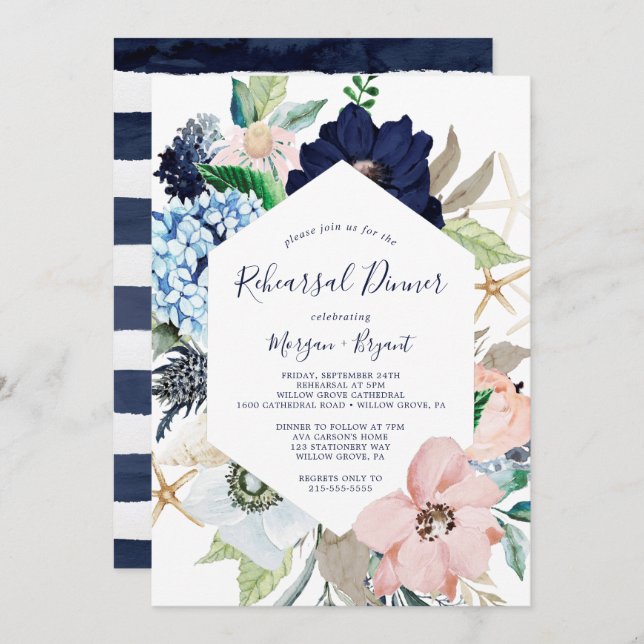 Moderne Nautik | Probe mit Flora Einladung (Vorne/Hinten)