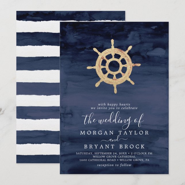 Moderne Nautik | Schiff hilft bei der Hochzeit von Einladung (Vorne/Hinten)