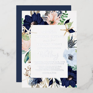 Moderne nautische Flora Silver Foil Navy Hochzei Folieneinladung