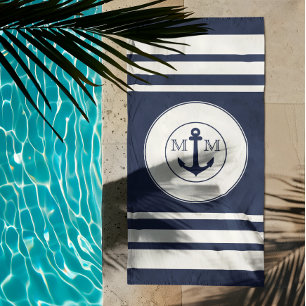 Moderne nautische Marineblau-Weiß-Streifen Monogra Strandtuch