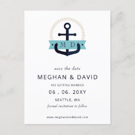 Moderne Navy Anchor Nautical Monogram Wedding Rett Ankündigungspostkarte