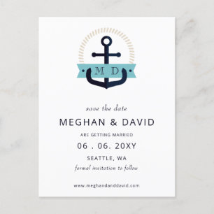 Moderne Navy Anchor Nautical Monogram Wedding Rett Ankündigungspostkarte