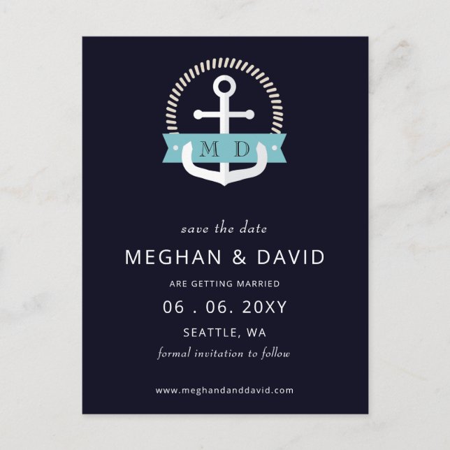 Moderne Navy Anchor Nautical Monogram Wedding Rett Ankündigungspostkarte (Vorderseite)