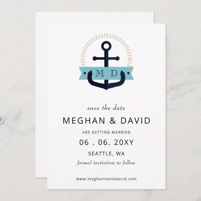 Moderne Navy Anchor Nautical Monogram Wedding Rett Save The Date (Vorne/Hinten)
