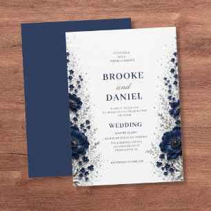 Moderne Navy-Anemone Silber-Glitter-Staub-Hochzeit Einladung
