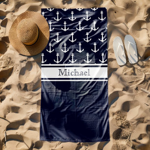 Moderne Navy Blau Anker Muster Name Nautical Strandtuch
