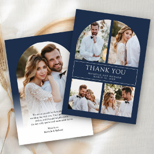 Moderne Navy Blau Bogen Foto Collage Hochzeit Dankeskarte