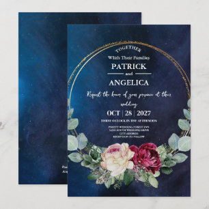 Moderne Navy Blau Burgund Gold Röte Pink Hochzeit Einladung