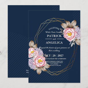 Moderne Navy Blau Burgund Gold Röte Pink Hochzeit Einladung