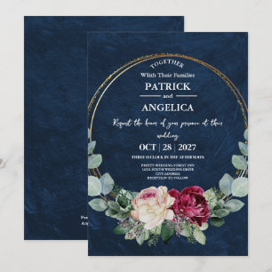 Moderne Navy Blau Burgund Gold Röte Pink Hochzeit Einladung