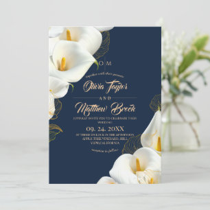 Moderne Navy Blau Elegante Florale Hochzeitsfotos Einladung