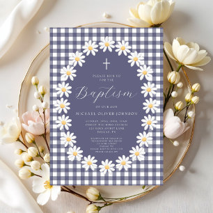 Moderne Navy Blau Gingham Blumen Taufkleid Einladung