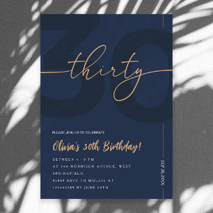 Moderne Navy Blau & Gold 30. Geburtstagseinladung Einladung