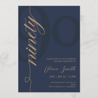 Moderne Navy Blau & Gold 90. Geburtstagsfeier Einladung