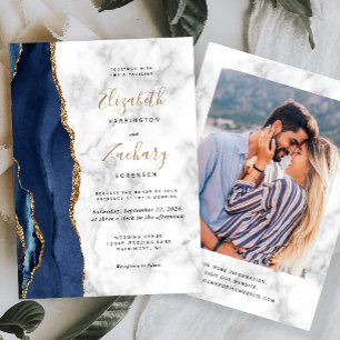Moderne Navy-Blau-Gold-Achat-Marmor-Foto-Hochzeit Einladung