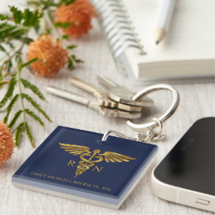 Moderne Navy-Blau-Gold-Caduceus-RN-Krankenschweste Schlüsselanhänger