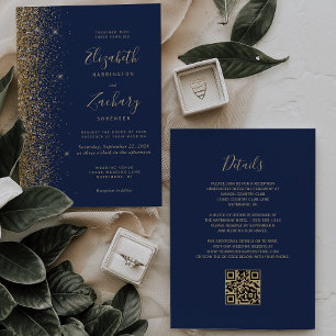 Moderne Navy-Blau-Gold-Faux-Glitter-QR-Code-Hochze Einladung