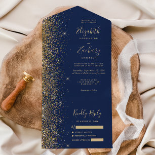 Moderne Navy Blau Gold Glitter Hochzeit All In One Einladung