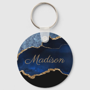 Moderne Navy Blau Gold Marmor Glitter Vorname Schlüsselanhänger