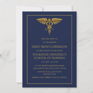 Moderne Navy Blau Gold Pflegeschule MN Absolvent Einladung