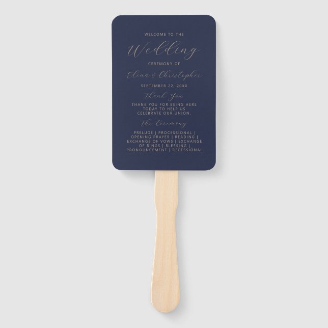 Moderne Navy-Blau-Gold-Schrift Hochzeitsprogramm Fächer (Vorderseite)