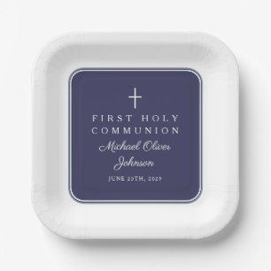 Moderne Navy Blau Kreuz Junge Erste Kommunion Pappteller
