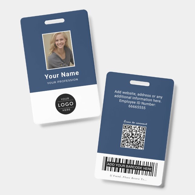 Moderne Navy-Blau-QR-Code-Mitarbeiter-ID-Barcode Ausweis (Vorder- & Rückseite)