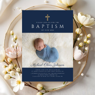 Moderne Navy-Blau Religiöse Kreuz Jungen-Taufe Fot Einladung