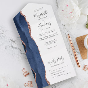 Moderne Navy-Blau-Roségold-Achat-Hochzeit All In One Einladung