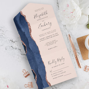 Moderne Navy-Blau-Roségold-Achat-Rosa-Hochzeit All In One Einladung