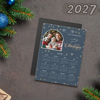 Moderne Navy-Blau-Schneeflocken-Foto-Kalender 2027 Magnetkarte