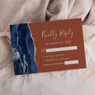 Moderne Navy-Blau-Silber-Achat-Braunorange-Hochzei RSVP Karte