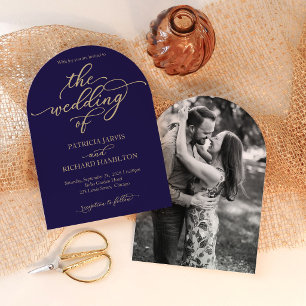 Moderne Navy-Blau und Gold Schrift Hochzeit Einladung