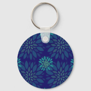 Moderne Navy Blau und Grüne Florale Blätter Muster Schlüsselanhänger