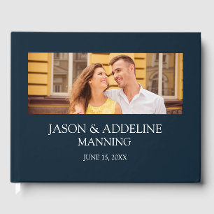 Moderne Navy Blau Weiße Zwei-Fotos-Hochzeit Gästebuch