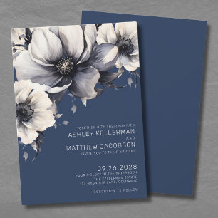 Moderne Navy Blaue Florale Hochzeit Einladung