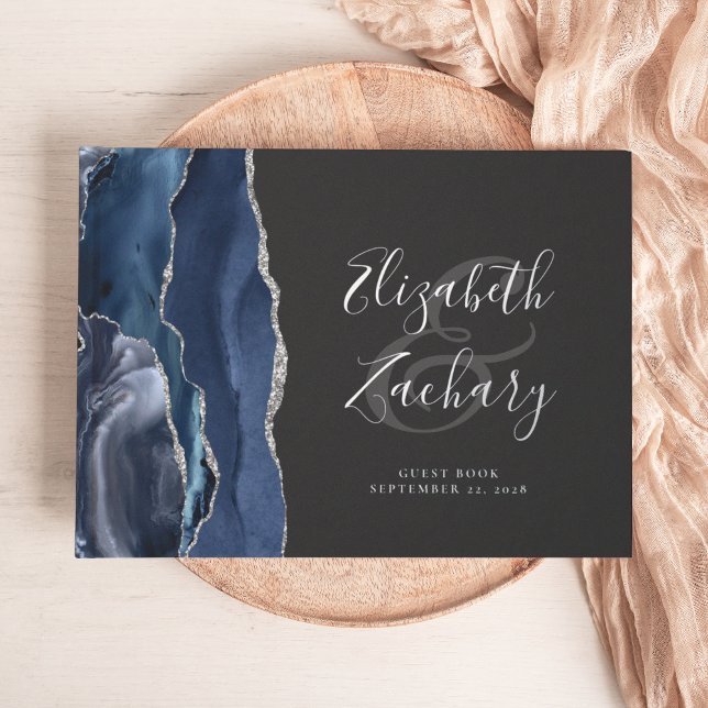 Moderne Navy Blue Agate Silver Script dunkel Gästebuch (Von Creator hochgeladen)