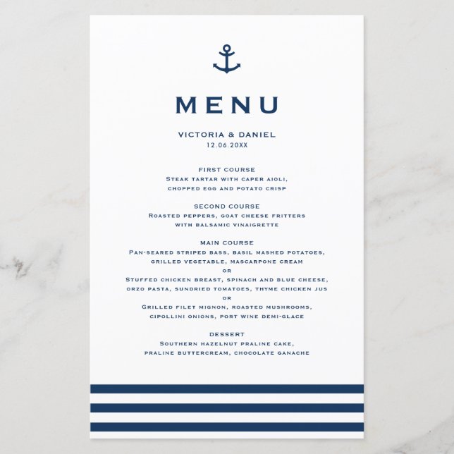 Moderne Navy Blue Anchor Nautical Wedding Menu Car (Vorderseite)