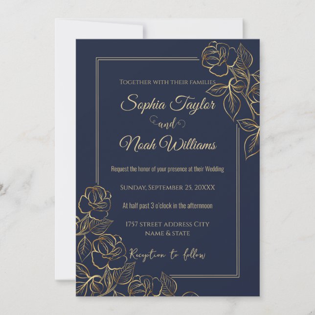 Moderne Navy Blue and Gold Rose Minimal Einladung (Vorderseite)