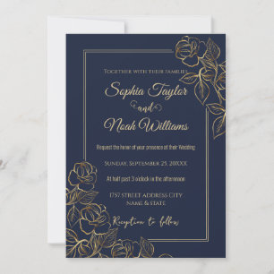 Moderne Navy Blue and Gold Rose Minimal Einladung