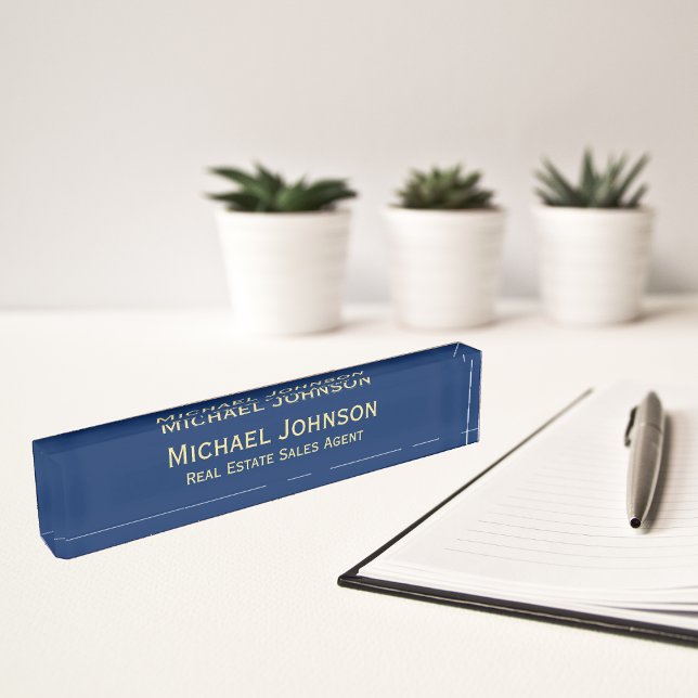 Moderne Navy Blue Beruflich Business Führungskraft Namensplakette (Modern Navy Blue Professional Business Executive Desk Name Plate)